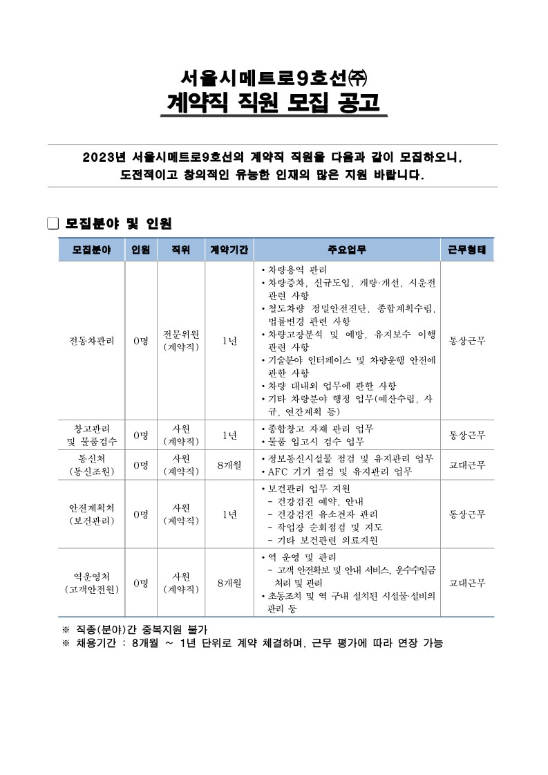 서울시메트로9호선(주) 2023년 계약직 직원 모집공고문(최종)_1.jpg